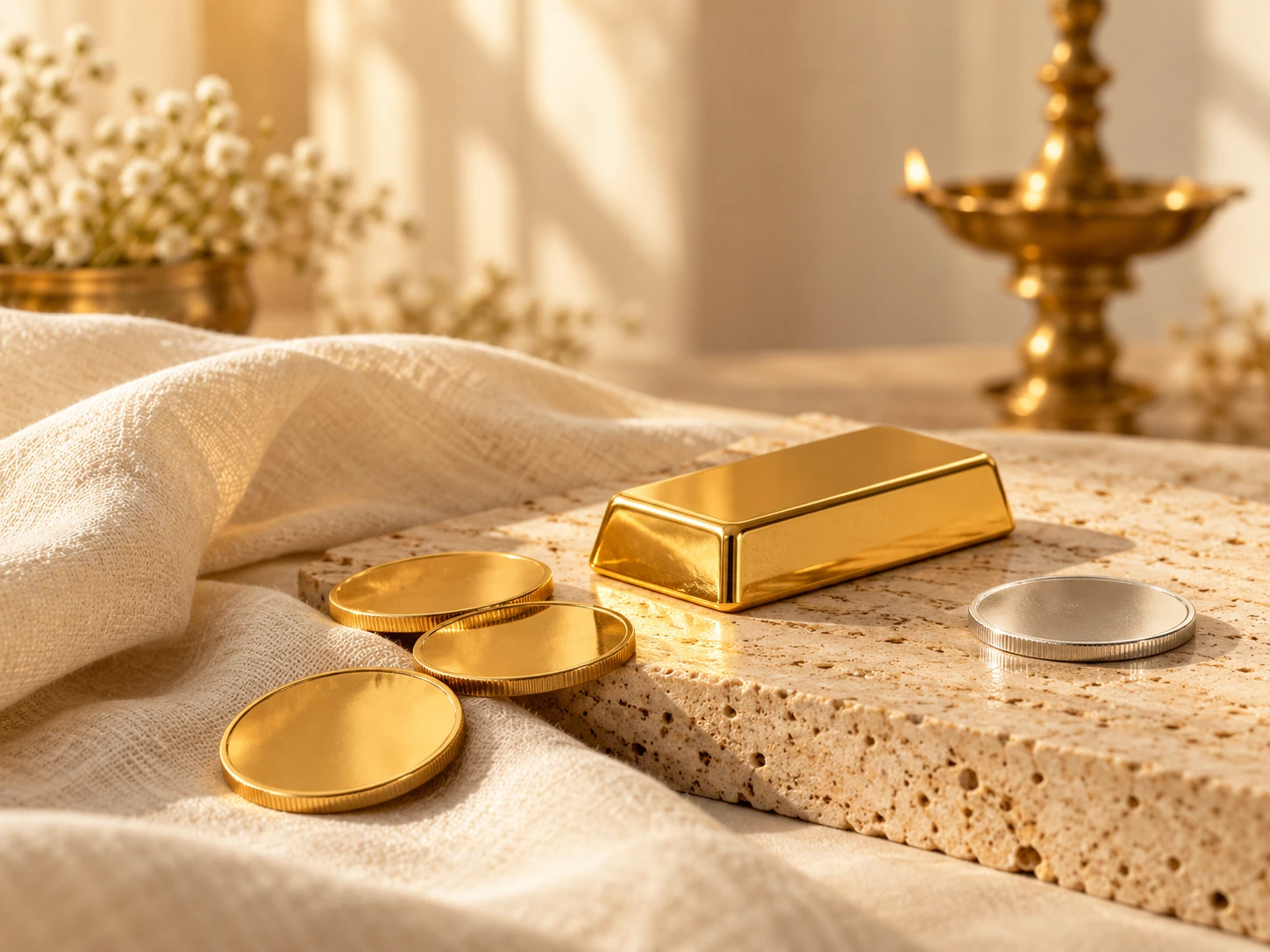Generated editorial illustration of gold and silver bullion on ivory linen